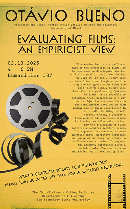 Flyer for Bueno talk; a yellow flyer with a film reel.