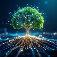 Tree with technology connecting through the roots.