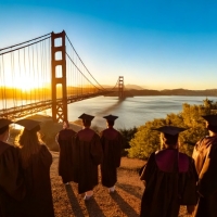 Graduates above Golden Gate Bridge (AI generated)
