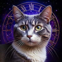 Generative AI cat image, purple with clock