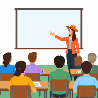 Teacher in front of blank whiteboard teaching students