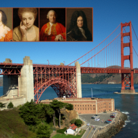 Image of the Golden Gate Bridge with early modern philosophers.