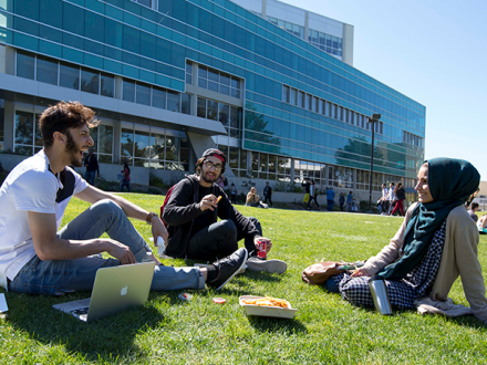 Students socializing outside library