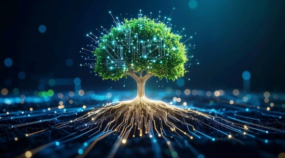 Tree with technology connecting through the roots.