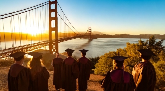 Graduates above Golden Gate Bridge (AI generated)