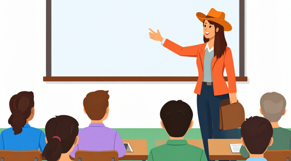 Teacher in front of blank whiteboard teaching students