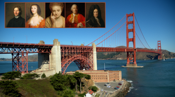 Image of the Golden Gate Bridge with early modern philosophers.